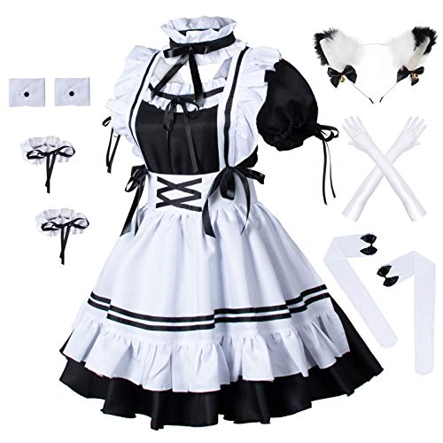 Anime French Maid Apron Lolita Fancy Dress Cosplay Costume Furry Cat Ear Gloves Socks Set(L)