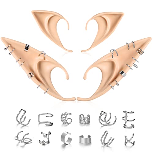 FRESHME Cosplay Elf Ears with Earrings Set – 2 Pairs Fairy Ears and Silver Chain Earrings Cuffs Set, Ear Accessory for Women Girls, Halloween Anime Masquerade Party Photoshoot