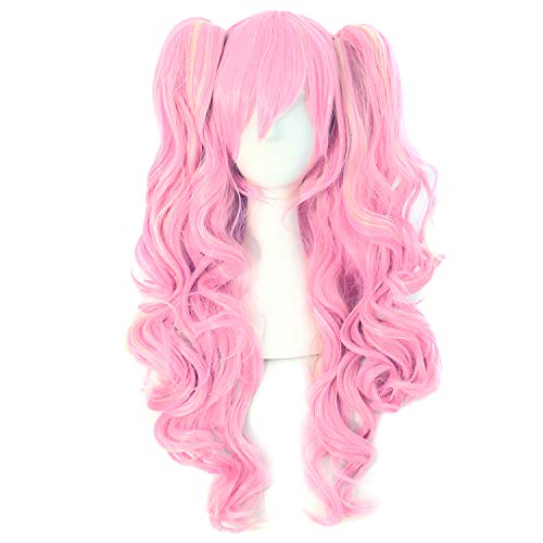 MapofBeauty Multi-color Lolita Long Curly Clip on Ponytails Cosplay Wig (Pink/Blonde)